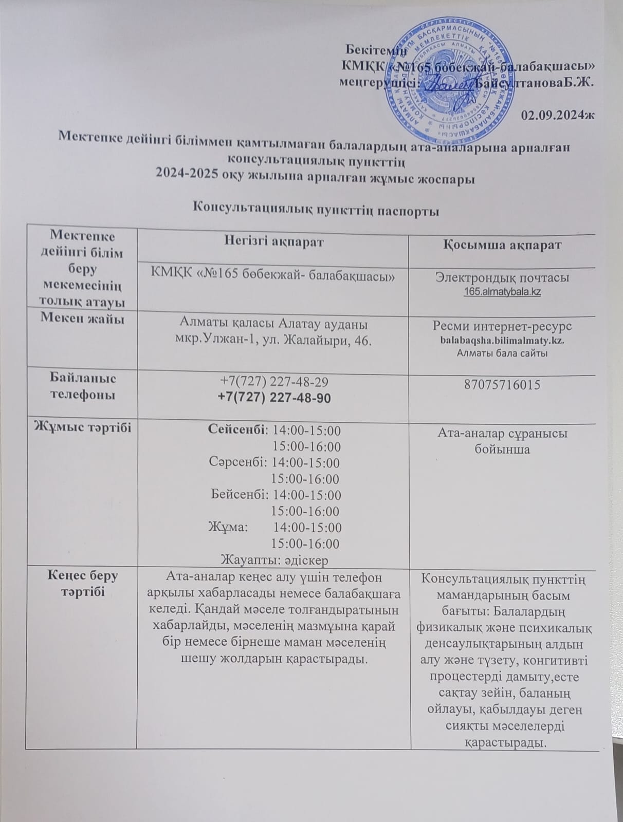 Мектепке дейінгі біліммен қамтылмаған балалардың ата-аналарына арналған консультациялық пункттің  2024-2025 оқу жылына арналған жұмыс жоспары
