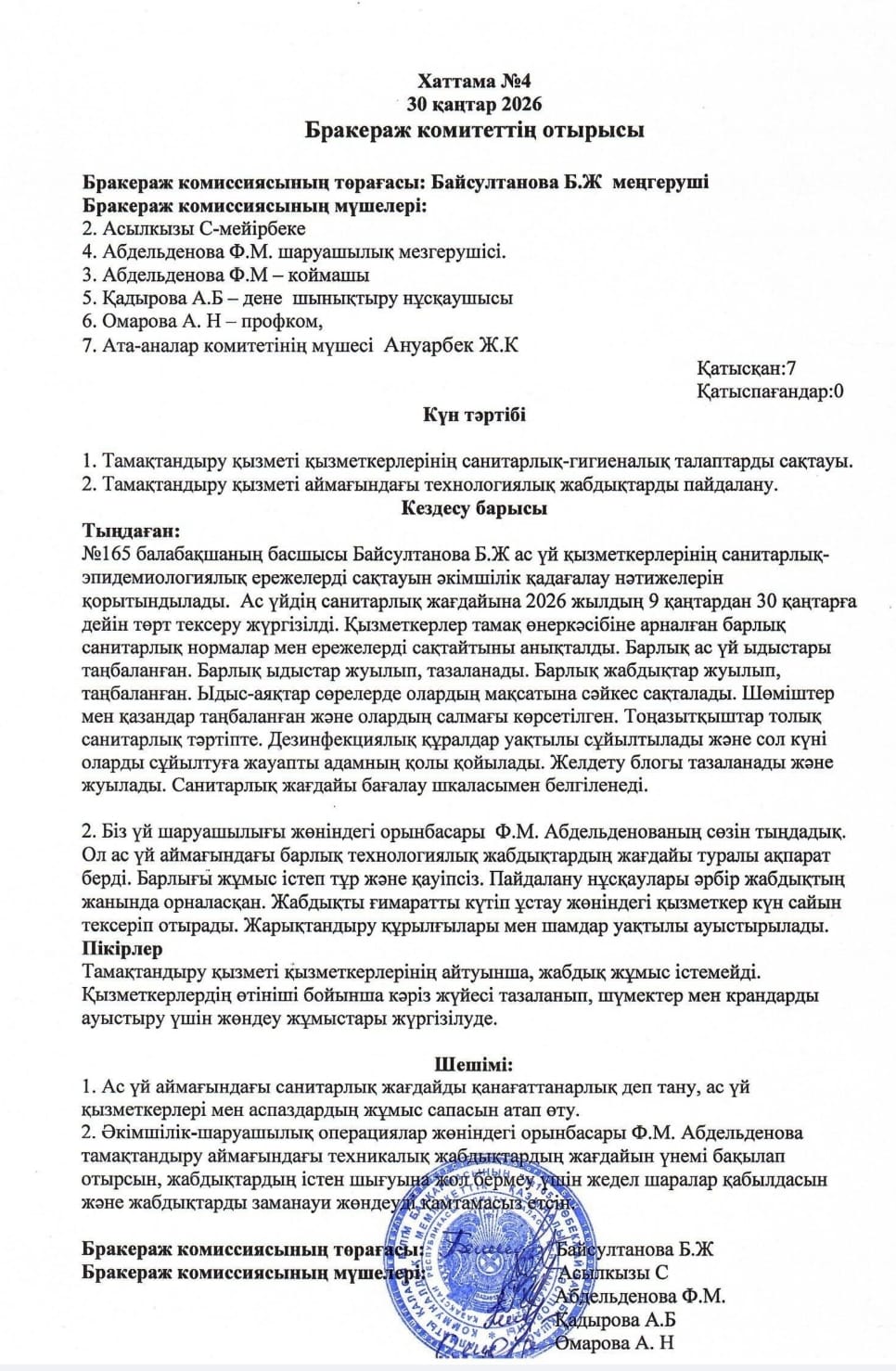 Бракераждық комиссияның хаттамасы. Протокол бракеражной комиссии №4