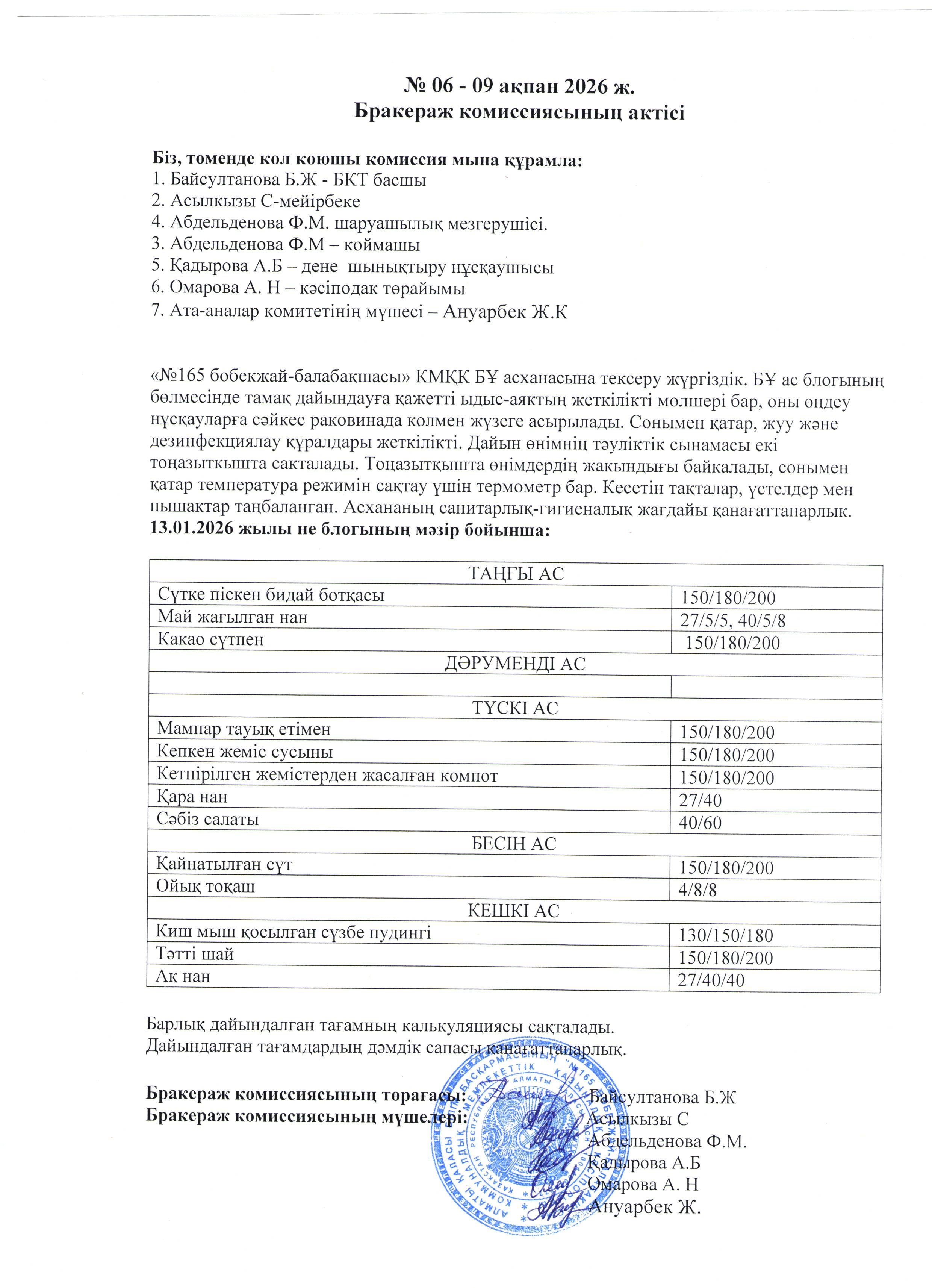 №06-09 ақпан 2026 ж. Бракераж комиссиясының актісі