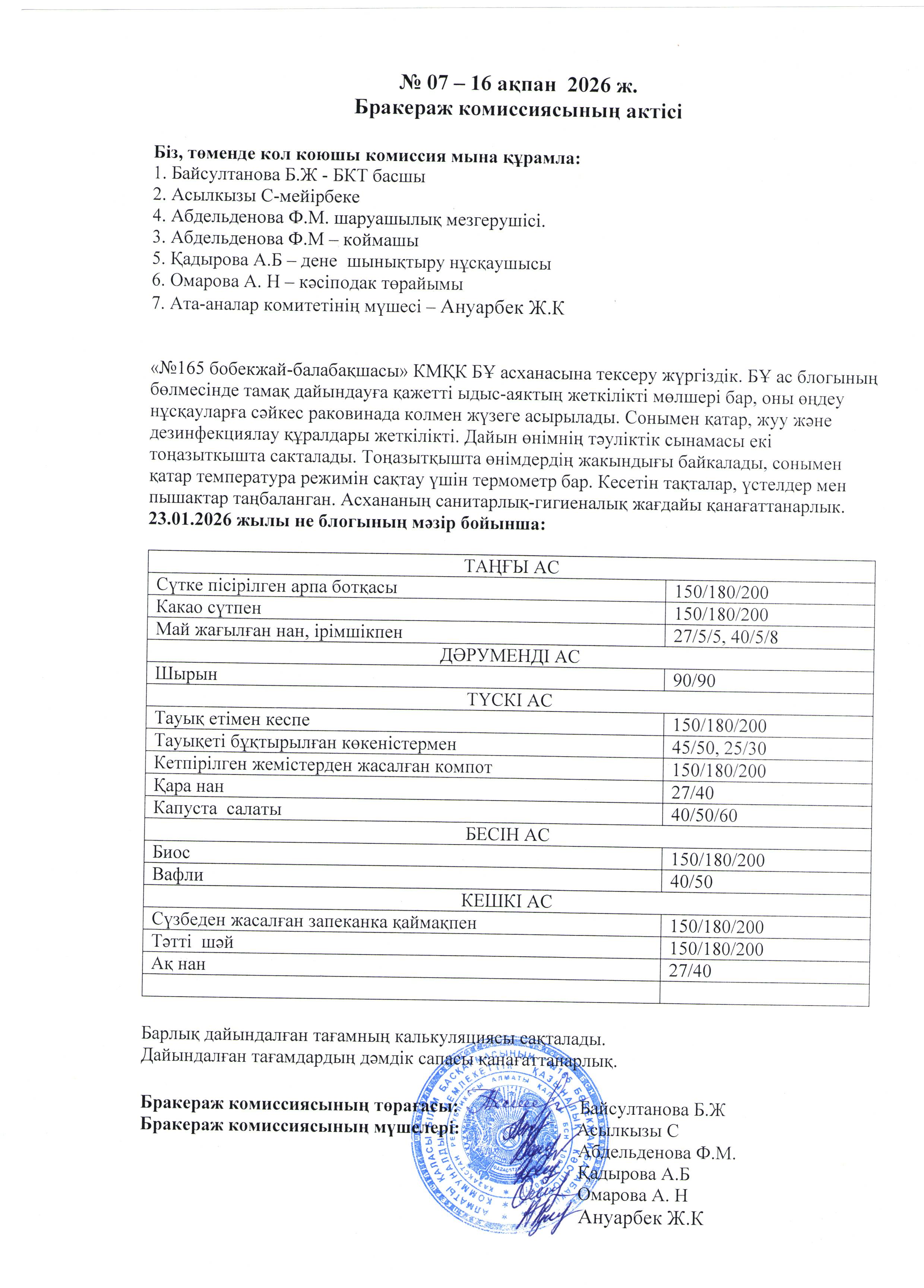 № 07-16 ақпан 2026 ж. Бракераж комиссиясының актісі
