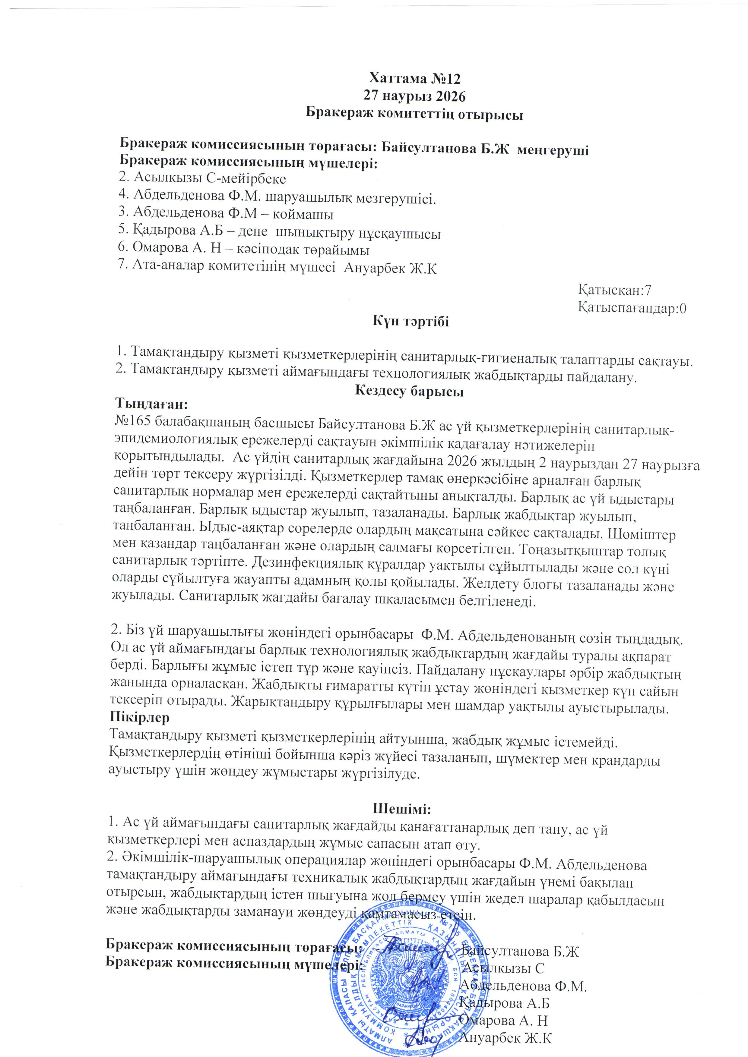 Хаттама № 12 27 наурыз 2026 ж. Бракераж комитеттің отырысы